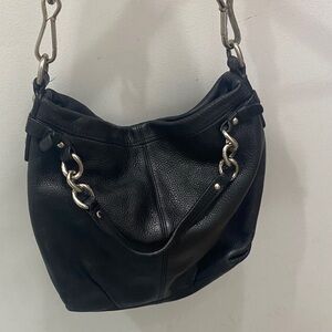 Vintage Coach Black Leather Hobo Bag with Silver Accents